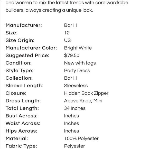 Bar III Party Dress white above knee NWT - Picture 6 of 6